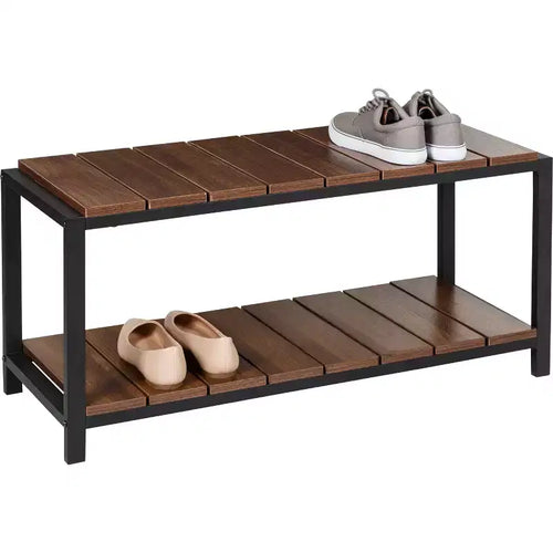 Banc de rangement pour chaussures à 2 niveaux Noyer : Banc porte-chaussures, contient 8 paires, sur pied, cadre en panneaux de particules