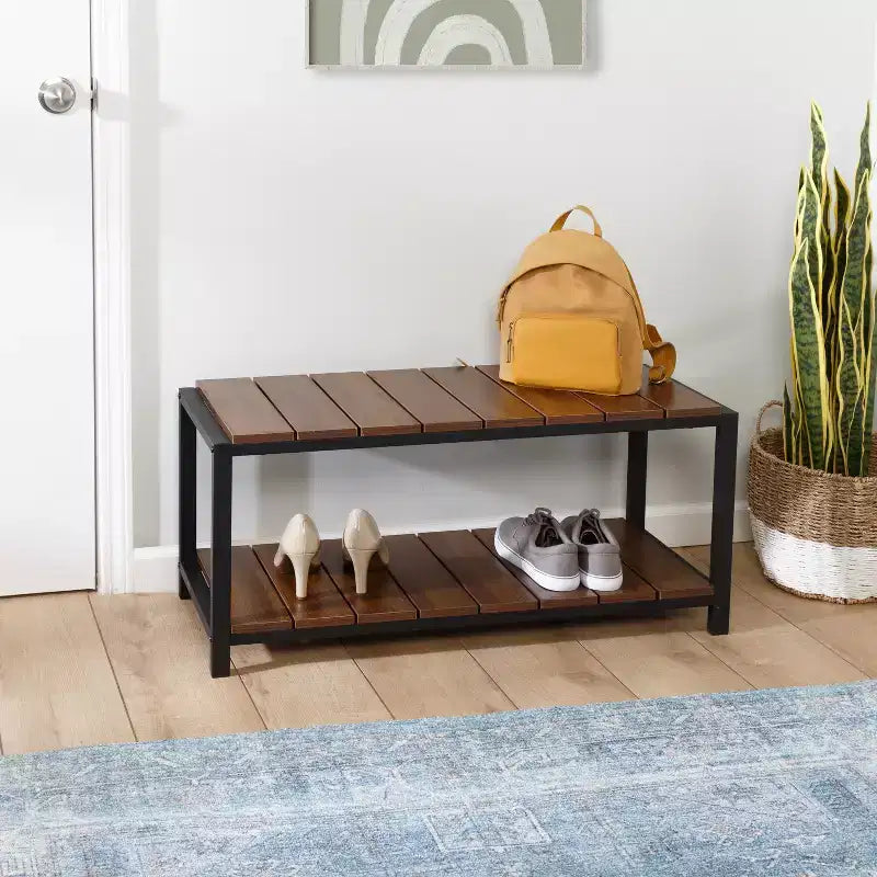 Banc de rangement pour chaussures à 2 niveaux Noyer : Banc porte-chaussures, contient 8 paires, sur pied, cadre en panneaux de particules