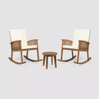 Abbottsford 3pc Acacia Wood Rocking Chairs and Side Table Set - Brown/Cream - Christopher Knight Home: Weather-Resistant Outdoor Seating