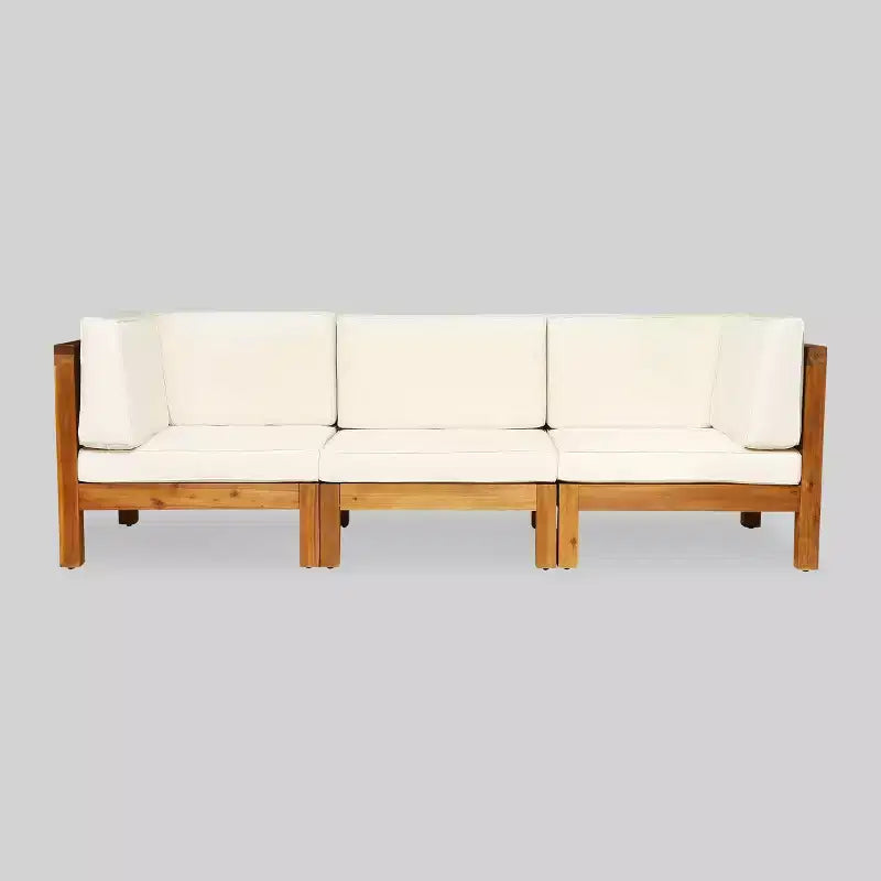 Canapé modulable 3 places Oana en bois d'acacia – Teck/Beige – Christopher Knight Home : Salon de jardin résistant aux intempéries