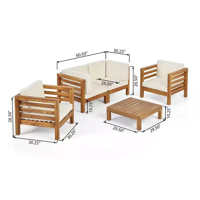 Oana Ensemble de conversation 5 pièces en bois d'acacia Teck/Beige : Mobilier d'extérieur modulable avec coussins moelleux - Christopher Knight Home