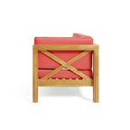 2 fauteuils d'extérieur Brava en bois d'acacia accoudoir droit et table basse avec coussin teck/rouge - Christopher Knight Home