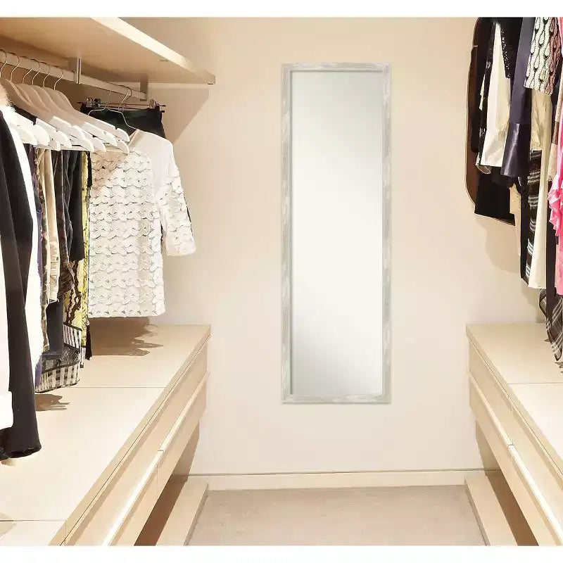 16" x 50" Crackled Narrow Framed Full Length on the Door Mirror Metallic - Polystyrene, No Assembly Required