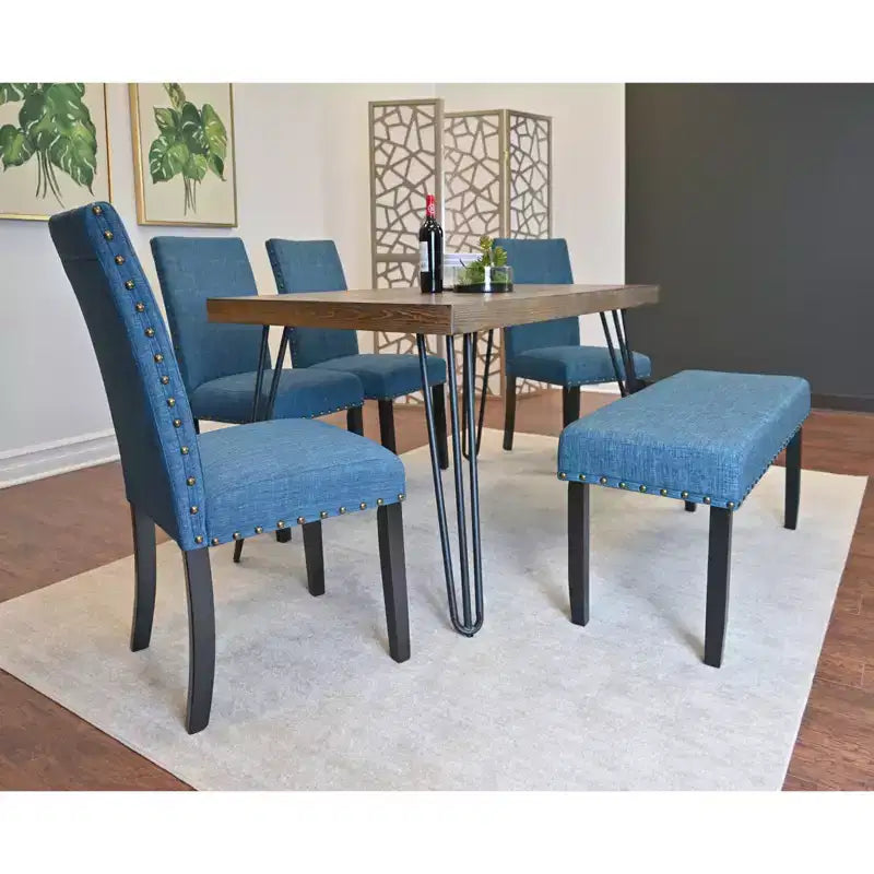 Ensemble de salle à manger Roundhill Furniture Amisos, table à manger avec pieds épingle, 4 chaises et banc rembourré, 6 pièces