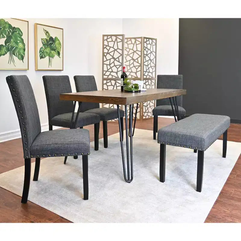 Ensemble de salle à manger Roundhill Furniture Amisos, table à manger avec pieds épingle, 4 chaises et banc rembourré, 6 pièces