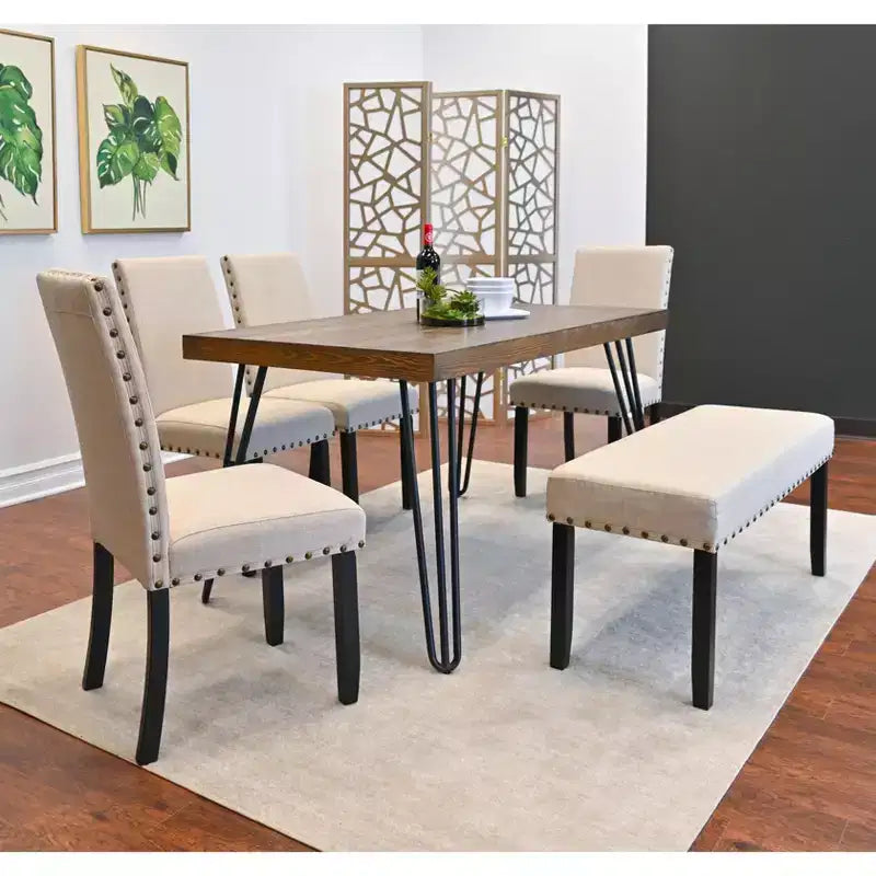 Ensemble de salle à manger Roundhill Furniture Amisos, table à manger avec pieds épingle, 4 chaises et banc rembourré, 6 pièces