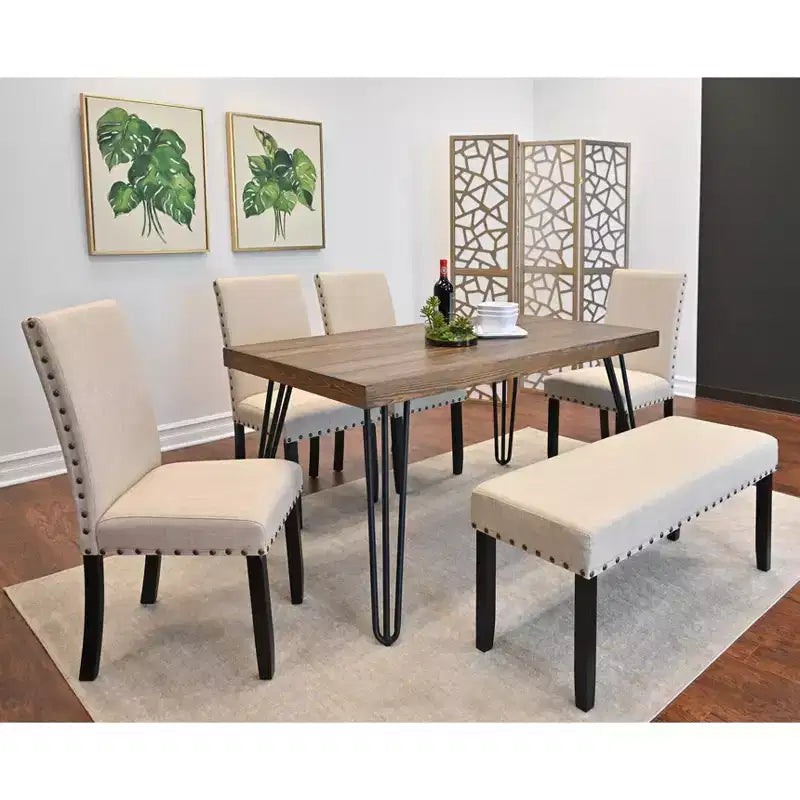 Ensemble de salle à manger Roundhill Furniture Amisos, table à manger avec pieds épingle, 4 chaises et banc rembourré, 6 pièces
