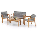 Ensemble de mobilier d'extérieur 4 pièces Costway, canapé avec cadre en bois d'acacia et assise en rotin