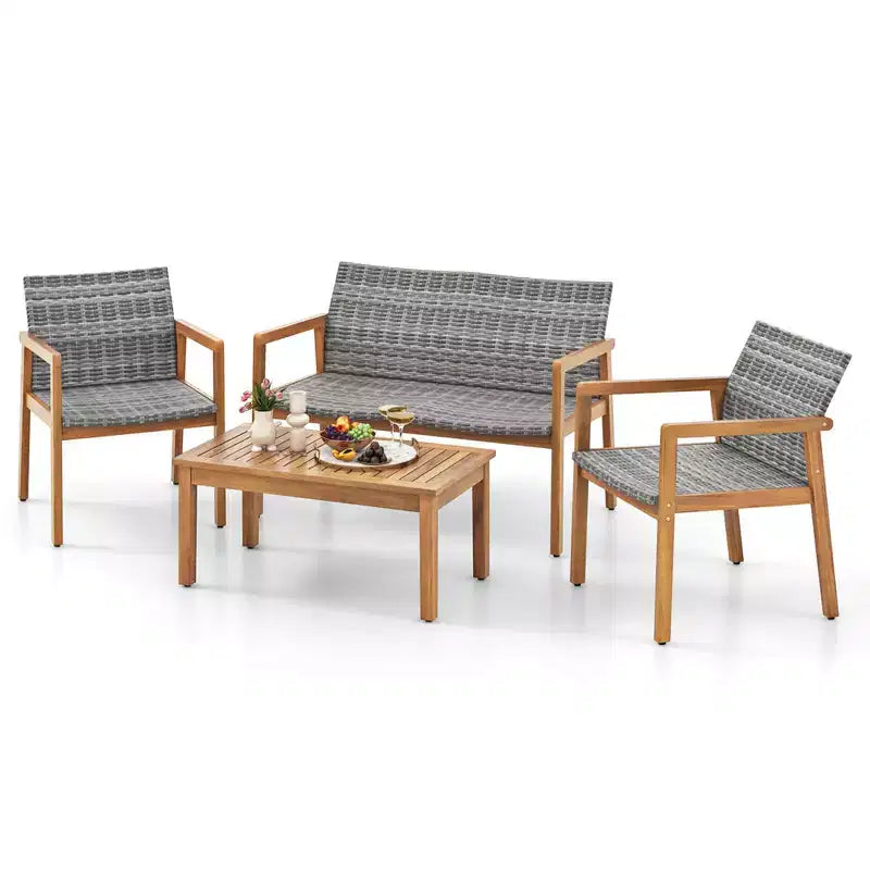 Ensemble de mobilier d'extérieur 4 pièces Costway, canapé avec cadre en bois d'acacia et assise en rotin