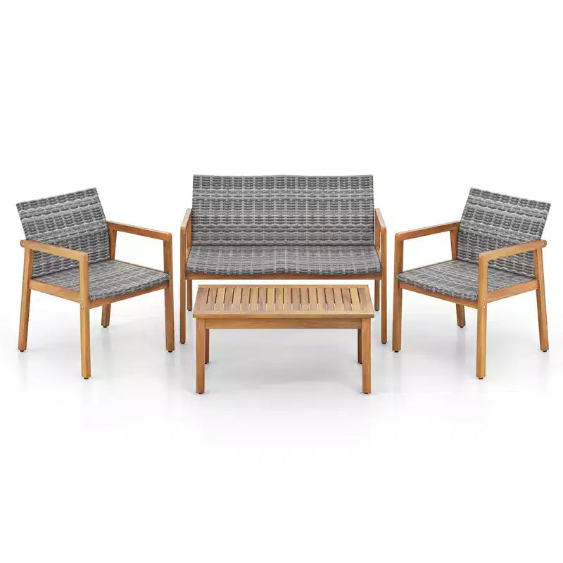 Ensemble de mobilier d'extérieur 4 pièces Costway, canapé avec cadre en bois d'acacia et assise en rotin