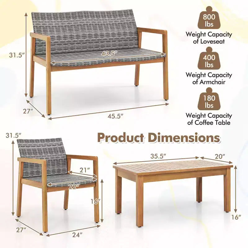 Ensemble de mobilier d'extérieur 4 pièces Costway, canapé avec cadre en bois d'acacia et assise en rotin