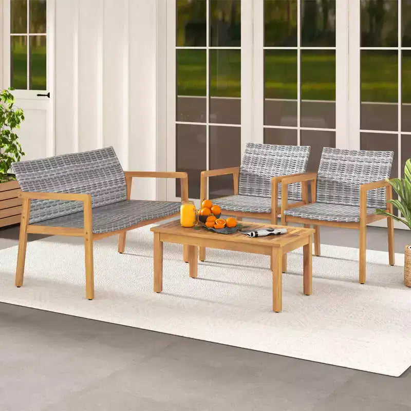 Ensemble de mobilier d'extérieur 4 pièces Costway, canapé avec cadre en bois d'acacia et assise en rotin