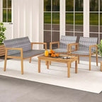 Ensemble de mobilier d'extérieur 4 pièces Costway, canapé avec cadre en bois d'acacia et assise en rotin