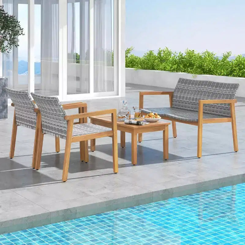 Ensemble de mobilier d'extérieur 4 pièces Costway, canapé avec cadre en bois d'acacia et assise en rotin