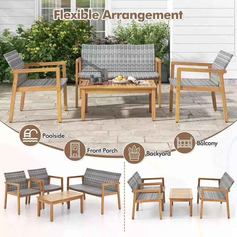Ensemble de mobilier d'extérieur 4 pièces Costway, canapé avec cadre en bois d'acacia et assise en rotin