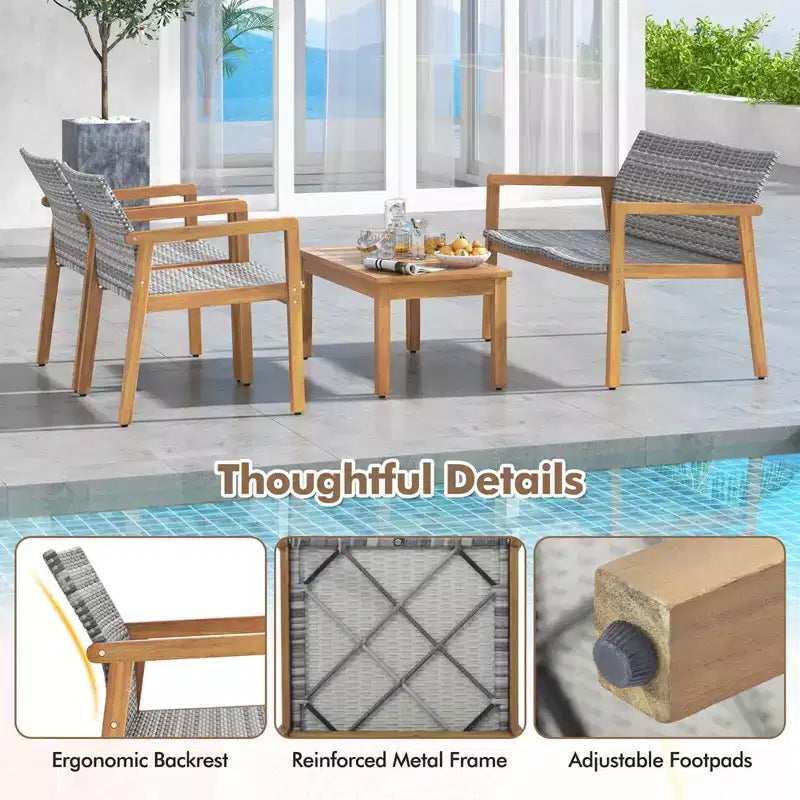 Ensemble de mobilier d'extérieur 4 pièces Costway, canapé avec cadre en bois d'acacia et assise en rotin