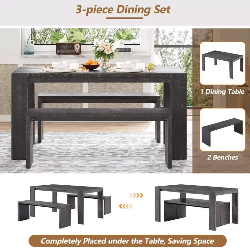 Ensemble de salle à manger 3 pièces style ferme, table de salle à manger et 2 bancs pour salle à manger, cuisine et salon - ModernLuxe