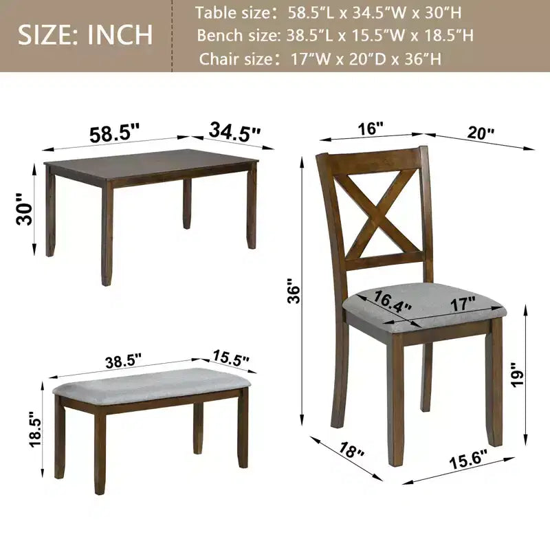Ensemble de salle à manger 6 pièces : Table rectangulaire en bois, 4 chaises rembourrées, banc pour cuisine, salon, bar