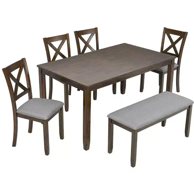 Ensemble de salle à manger 6 pièces : Table rectangulaire en bois, 4 chaises rembourrées, banc pour cuisine, salon, bar