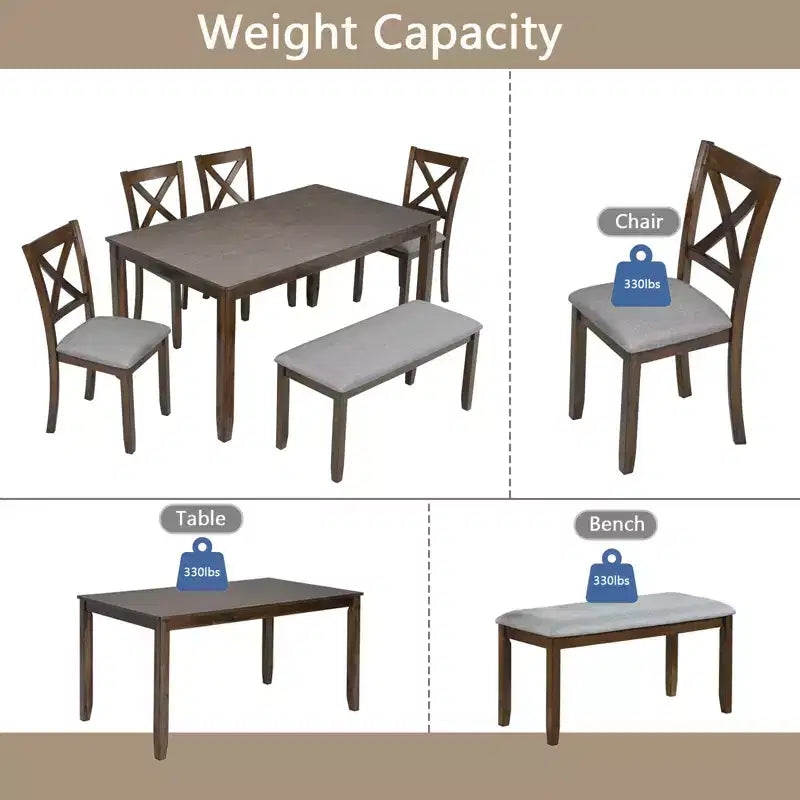 Ensemble de salle à manger 6 pièces : Table rectangulaire en bois, 4 chaises rembourrées, banc pour cuisine, salon, bar