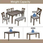 Ensemble de salle à manger 6 pièces : Table rectangulaire en bois, 4 chaises rembourrées, banc pour cuisine, salon, bar