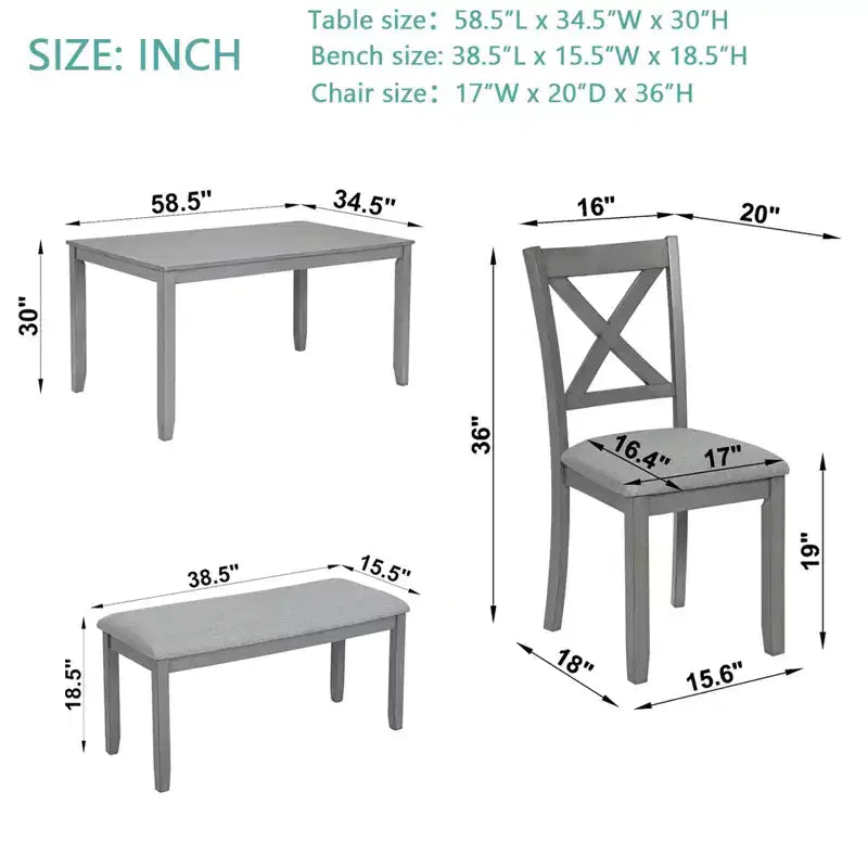 Ensemble de salle à manger 6 pièces : Table rectangulaire en bois, 4 chaises rembourrées, banc pour cuisine, salon, bar