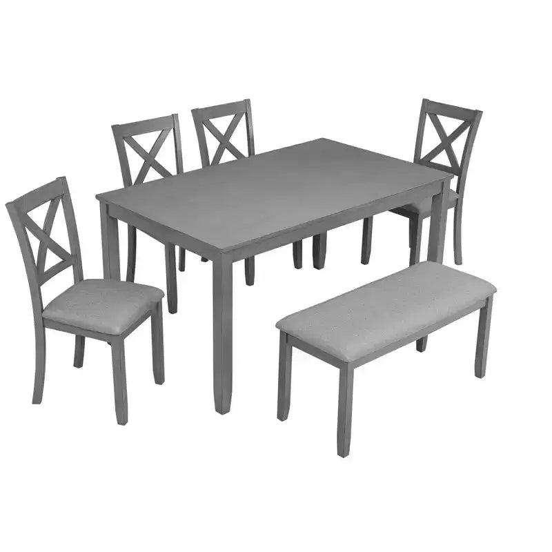 Ensemble de salle à manger 6 pièces : Table rectangulaire en bois, 4 chaises rembourrées, banc pour cuisine, salon, bar