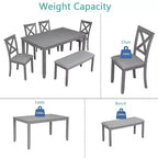 Ensemble de salle à manger 6 pièces : Table rectangulaire en bois, 4 chaises rembourrées, banc pour cuisine, salon, bar