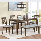 Ensemble de salle à manger 6 pièces : Table rectangulaire en bois, 4 chaises rembourrées, banc pour cuisine, salon, bar