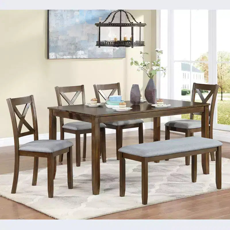 Ensemble de salle à manger 6 pièces : Table rectangulaire en bois, 4 chaises rembourrées, banc pour cuisine, salon, bar