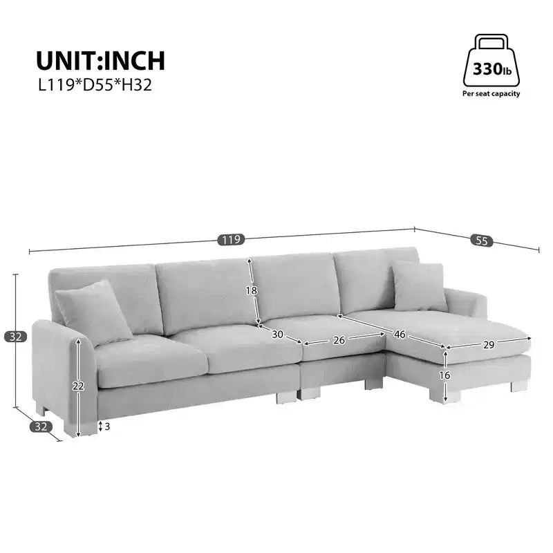 Canapé d'angle surdimensionné Whisen Modern, ensemble de canapé de luxe en forme de L avec méridienne et 2 oreillers