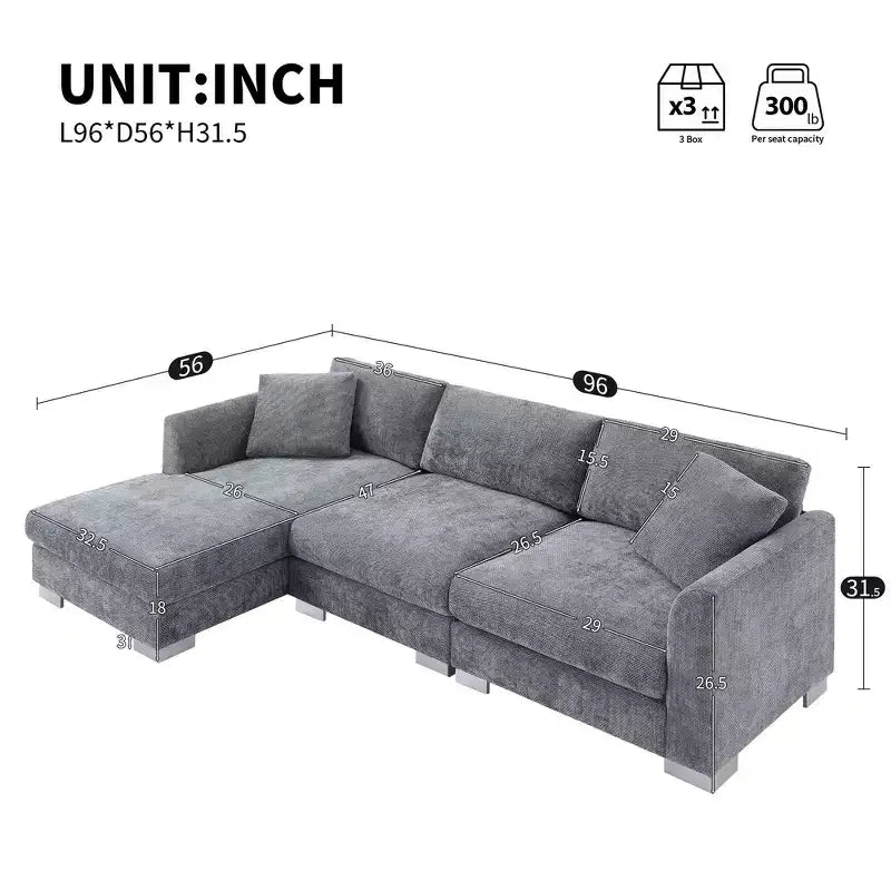 Canapé d'angle surdimensionné Whisen Modern, ensemble de canapé de luxe en forme de L avec méridienne et 2 oreillers