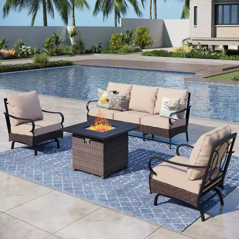 Captiva Designs 4pc extra large metal and rattan outdoor patio fire pit set with rocking armchairs