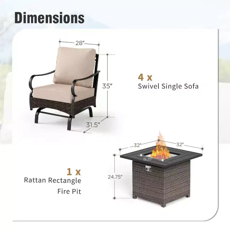 Captiva Designs – Ensemble de patio extérieur 4 pièces très grand format en métal et rotin avec foyer et fauteuils à bascule