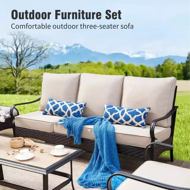 Captiva Designs – Ensemble de patio extérieur 4 pièces très grand format en métal et rotin avec foyer et fauteuils à bascule