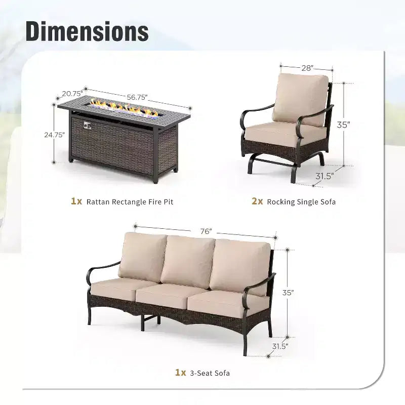 Captiva Designs – Ensemble de patio extérieur 4 pièces très grand format en métal et rotin avec foyer et fauteuils à bascule