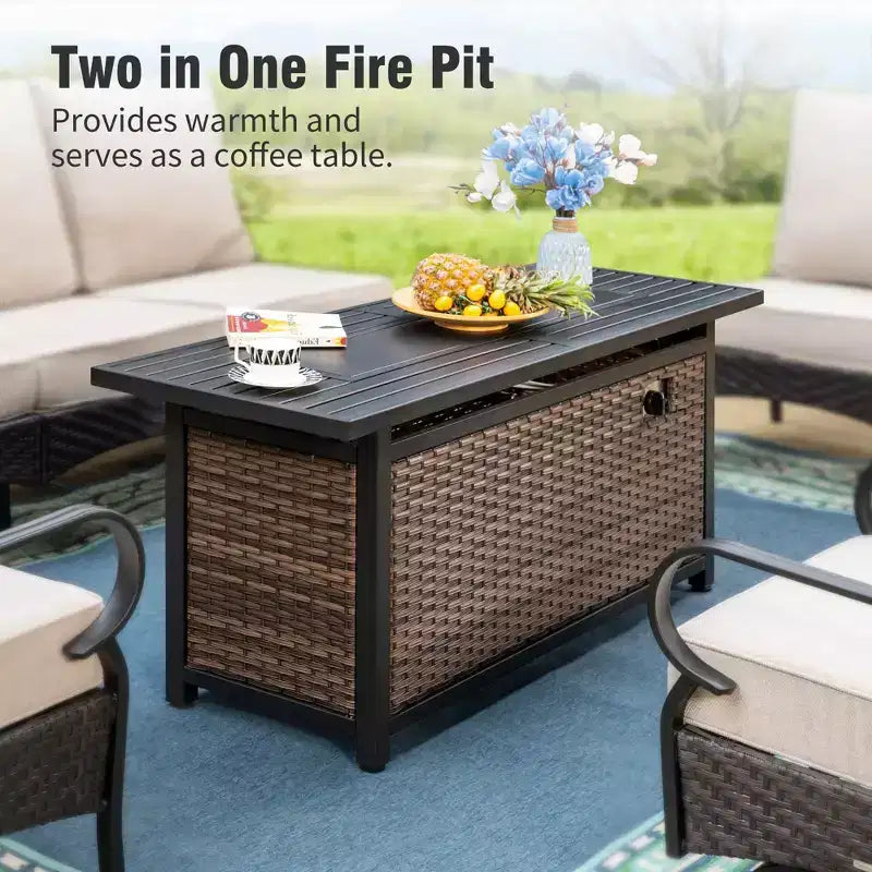 Captiva Designs – Ensemble de patio extérieur 4 pièces très grand format en métal et rotin avec foyer et fauteuils à bascule
