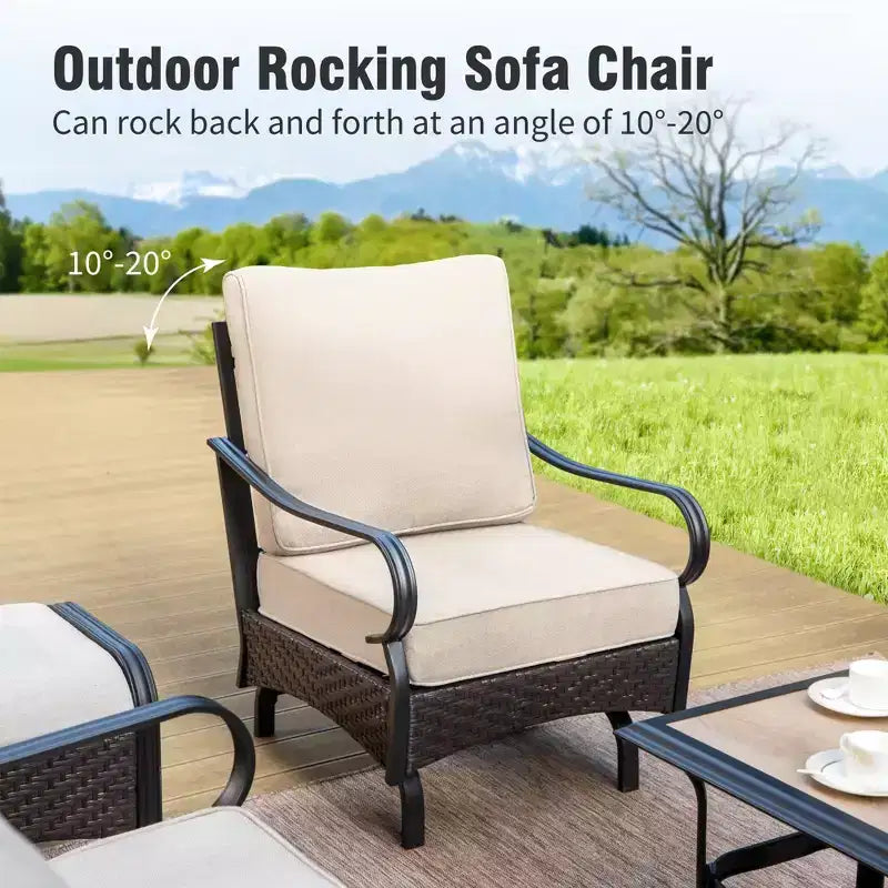 Captiva Designs – Ensemble de patio extérieur 4 pièces très grand format en métal et rotin avec foyer et fauteuils à bascule