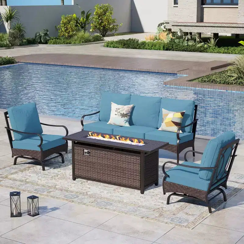 Captiva Designs – Ensemble de patio extérieur 4 pièces très grand format en métal et rotin avec foyer et fauteuils à bascule