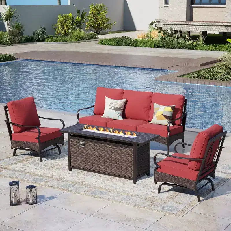 Captiva Designs – Ensemble de patio extérieur 4 pièces très grand format en métal et rotin avec foyer et fauteuils à bascule