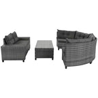 Salon de jardin Whisen 8 pièces en osier tressé, canapé d'extérieur courbé en demi-lune avec table basse rectangulaire