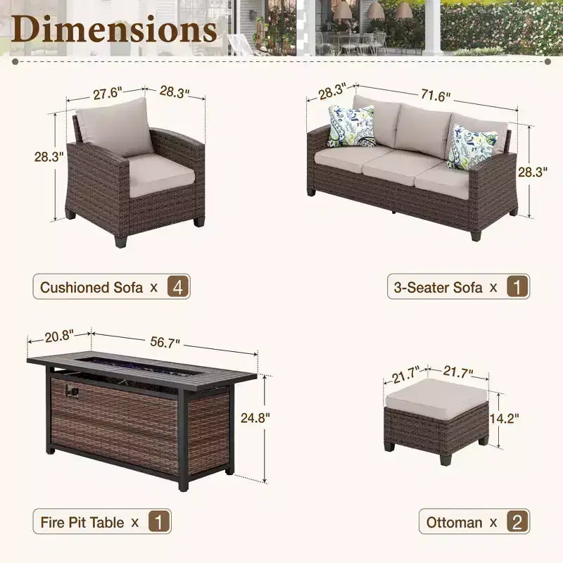 Captiva Designs Ensemble de 8 meubles de jardin en rotin tressé avec canapé rembourré, brasero, poufs et fauteuils individuels