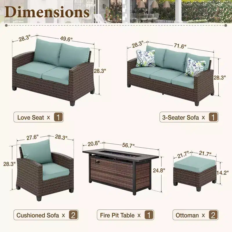 Captiva Designs Ensemble de salon de jardin 7 pièces en rotin tressé avec coussins, brasero, ottomans et causeuse