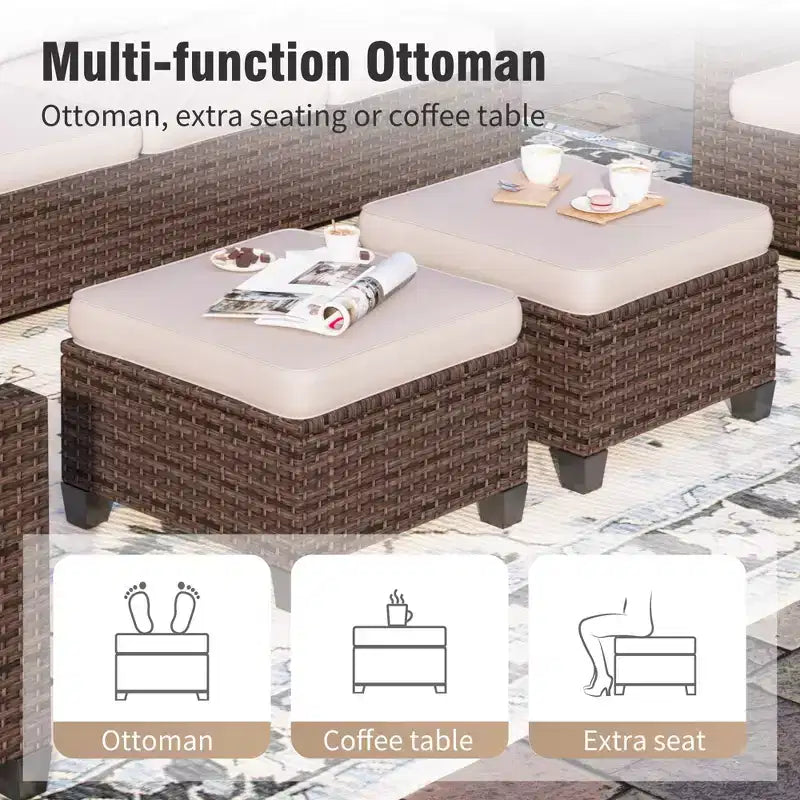 Captiva Designs Ensemble de salon de jardin 7 pièces en rotin tressé avec coussins, brasero, ottomans et causeuse