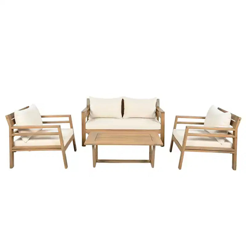 Christopher Knight Home Behram 4 Pieces Outdoor Acacia Wood Slat Design Seating Set, Beige