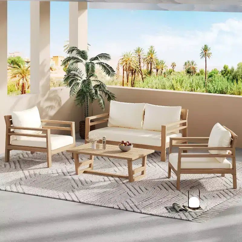 Christopher Knight Home Behram Ensemble de 4 fauteuils d'extérieur en bois d'acacia à lattes, Beige