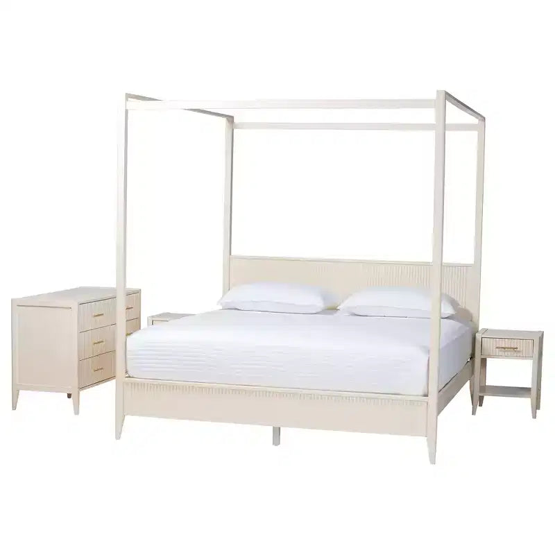 Ensemble de chambre à baldaquin 4 pièces en bois cannelé ivoire Primrose Mid-Century Baxton Studio