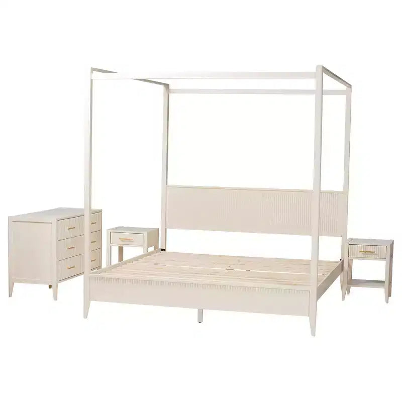 Ensemble de chambre à baldaquin 4 pièces en bois cannelé ivoire Primrose Mid-Century Baxton Studio