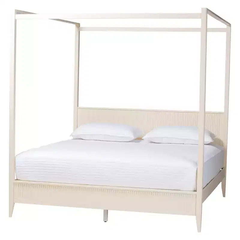 Ensemble de chambre à baldaquin 4 pièces en bois cannelé ivoire Primrose Mid-Century Baxton Studio