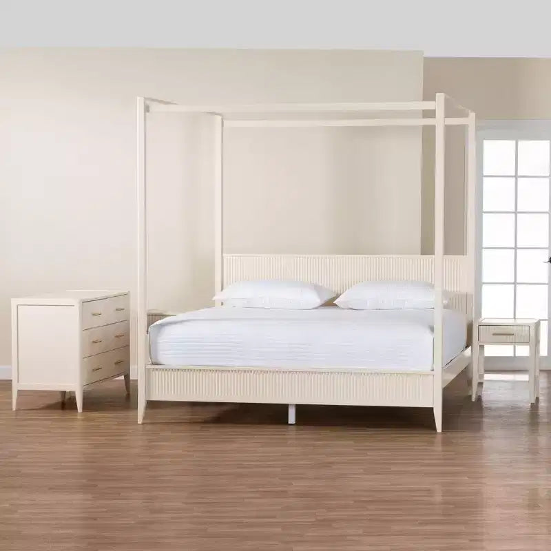 Ensemble de chambre à baldaquin 4 pièces en bois cannelé ivoire Primrose Mid-Century Baxton Studio